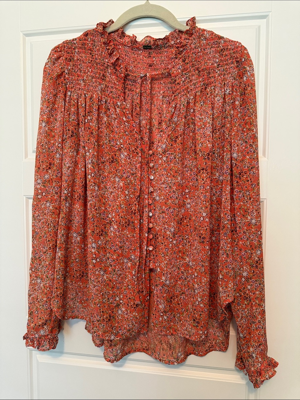 Free People Orange Floral Smocked Yoke Button-Down Blouse